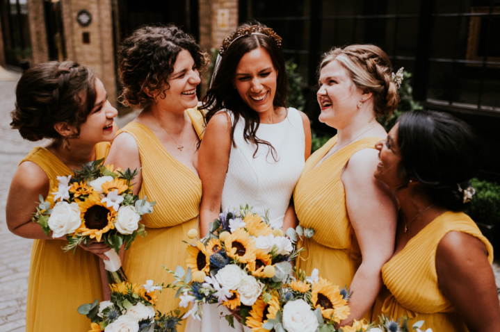 Bride with her Bridesmaids in Yellow Dresses