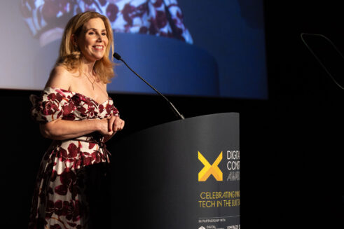 Sally Phillips on stage at the Digital Construction Awards